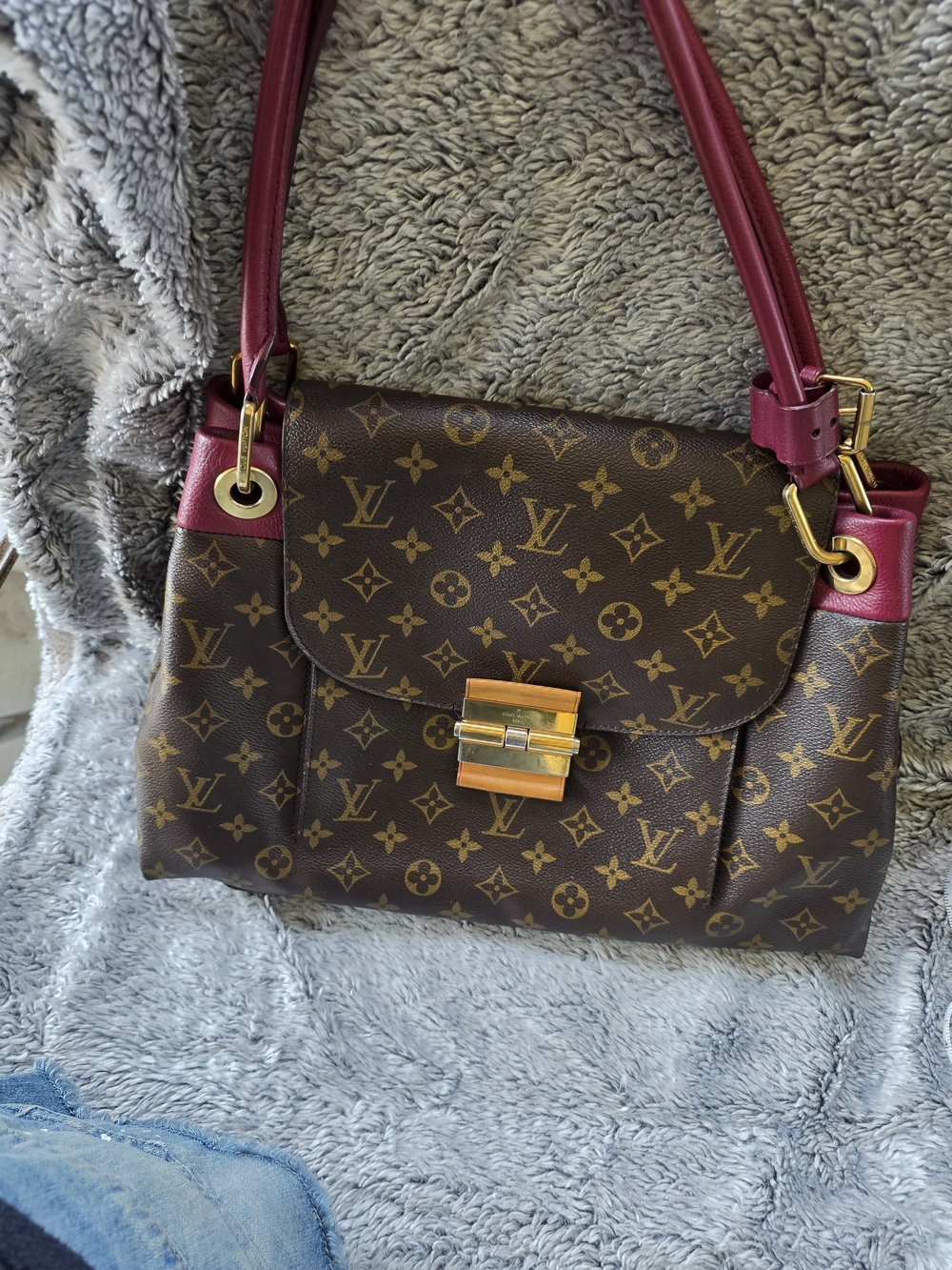Louis Vuitton Brown Monogram Shoulder Bag with Burgundy Accents